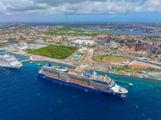 Celebrity Cruise Reflection aerial view docked at Curacao Cruise Terminal in Otrobanda, city of Willemstad, Curacao.