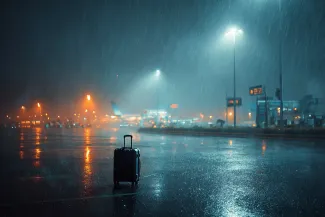 Solitary suitcase waits on wet tarmac under heavy rain at airport night with distant airplane lights glowing