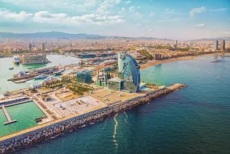 Barcelona aerial, city skyline panorama and the beach, Spain