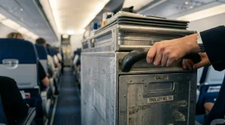 The metal catering service cart being pushed by a flight attendant inside a commercial airplane cabin.