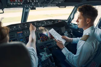 Airline captain and first officer sitting in the cockpit