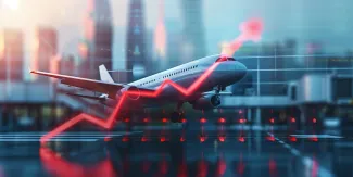 Conceptual image of rising airfare driven by higher fuel prices, with an airplane silhouette above stacked coins and an upward red graph line against a blurred city
