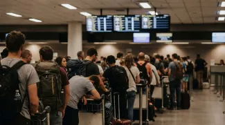 Passengers waiting in long airport check-in queue for flight departure at terminal