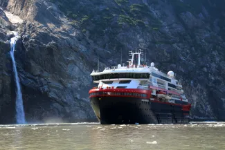MS Roald Amundsen anchors in Tracy Arm Fjord in the Boundary Ranges of Alaska