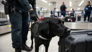Customs office agent with drug detector dog sniffing luggage at airport. Security control procedure to prevent illegal contraband smuggling. 