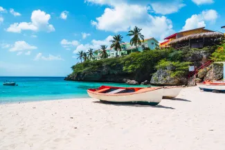 boat in the beach, lagun beach, in the caribbean island of curacao, landscape with Copyspace