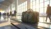 A green duffel bag on airport baggage claim carousel