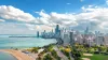 Chicago skyline aerial drone view from above, lake Michigan and city of Chicago downtown skyscrapers cityscape bird's view from Lincoln park