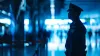 Silhouette of a security guard or police officer in a dark blue uniform in a public building. Concept of safety and protection.