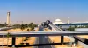 Modern architecture of the Riyadh metro line station and highway infrastructure at King Khalid International Airport in Saudi Arabia